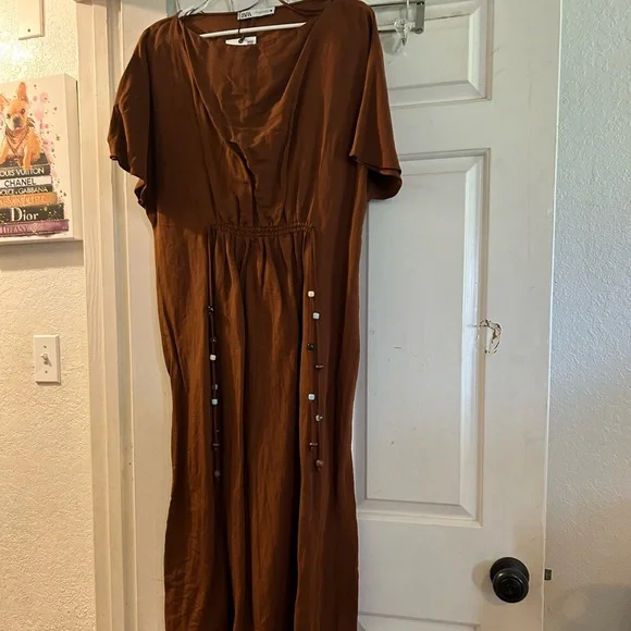 Zara Brown Short-Sleeve Drawstring Maxi Dress with Bead Accents - Picture 1 of 3
